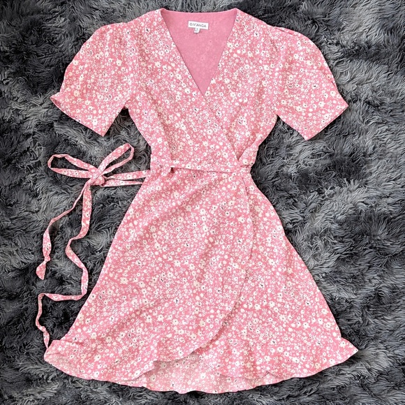 Dolls Kill Pink Ditsy Floral Wrap Mini Dress Ruffle Hem S - Picture 1 of 6